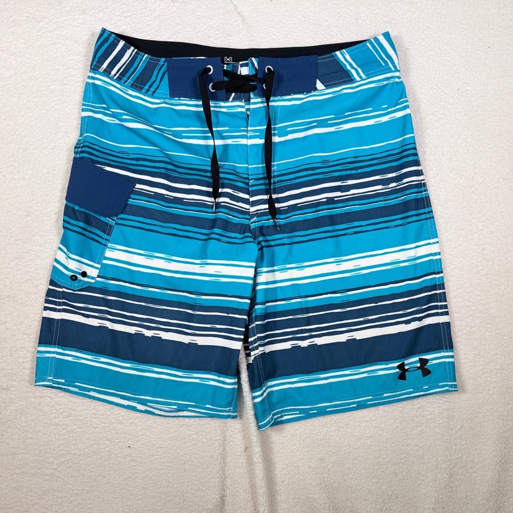 Under Armour Mens Board Shorts HeatGear Swim Trunks Blue Striped Size 34 Tie